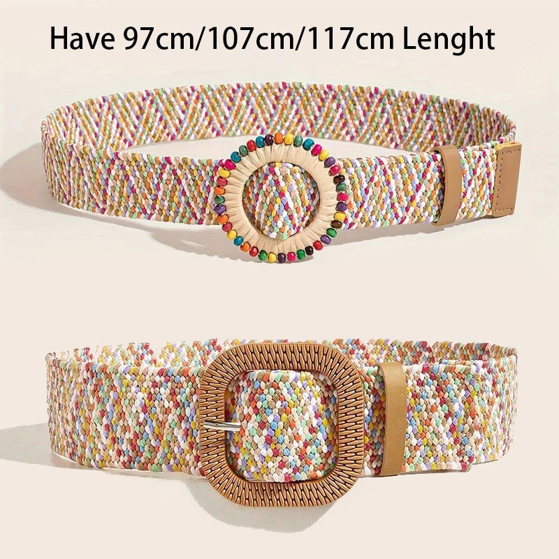 Summer Fashion Women Colorful Straw Belt Casual Bohemian Wide Summer Braided Waistbelt Buckle Elastic Female Straw Waist Belt