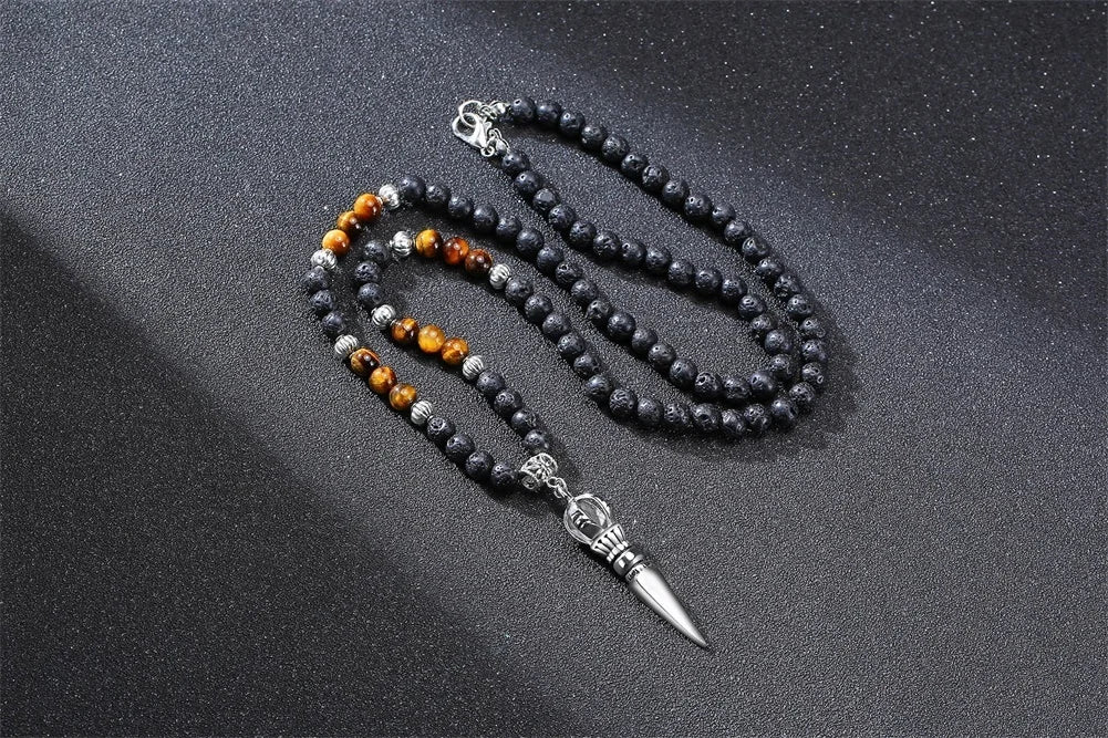TIBETAN BUDDHIST PHURBA KILAYA THE MAGIC KNIFE WITH TIGER’S EYE LAVA STONE NECKLACE FOR MEN JEWELRY