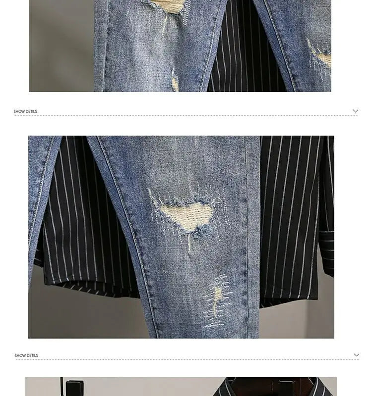 Casual Spring and Autumn Slim Denim Pencil Pants Men's Jean 2024 New Broken Hole Slim Fit Beggar Design High Street Washed Jeans