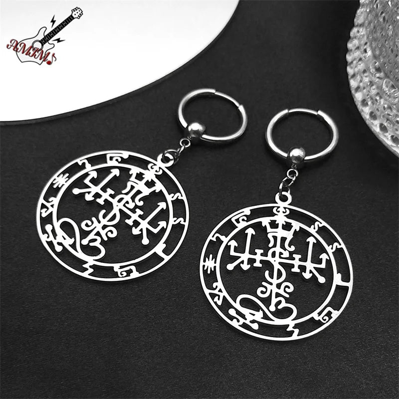 Gothic Symbol of Satan Hoop Earrings for Women Stainless Steel Silver Color Solomon Demon Seal Dangle Earring Jewelry E3592S06