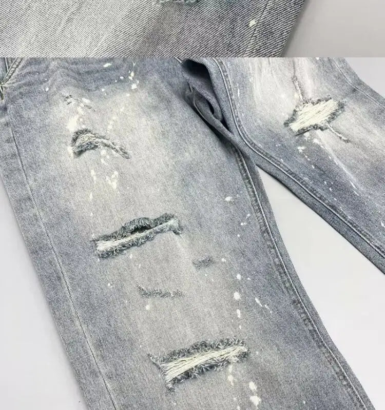 2026 Washed Light Blue Ripped Jeans Men's Straight High Street Trendy Brand Ragged Beggar Pants Large Size Trousers Cargo Pants
