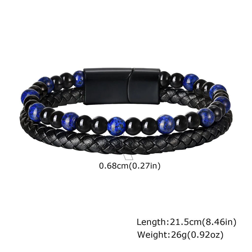 Stylish Leather Bracelet for Men Boys,Double Layers Natural Stone Tiger Eye Black Beaded Bracelet,Gift to Father Husband BBF