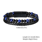 Stylish Leather Bracelet for Men Boys,Double Layers Natural Stone Tiger Eye Black Beaded Bracelet,Gift to Father Husband BBF