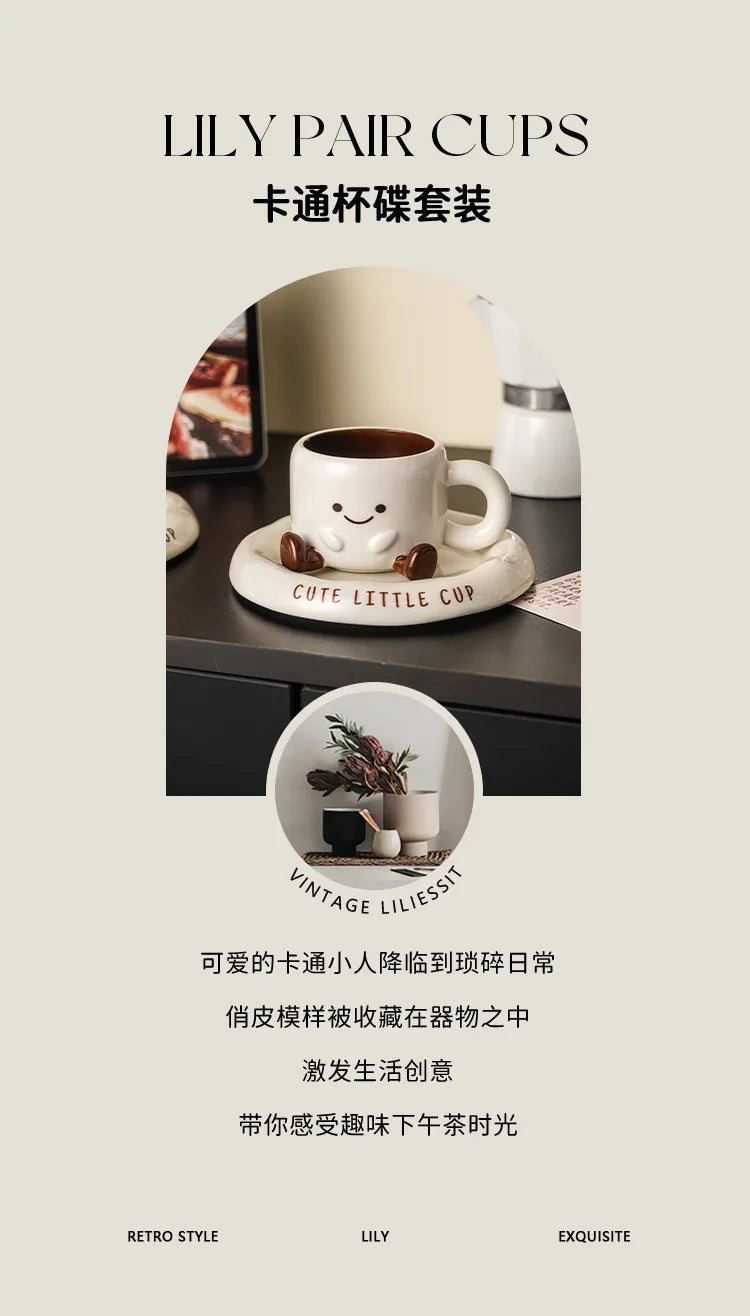 Cute Smiley Face Ceramic Coffee Mug with Saucer 3D Cartoon Design Tea Cup