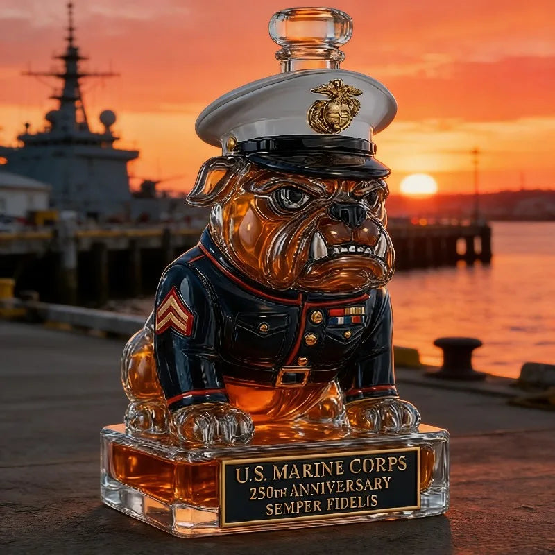 Patriotic U.S. Marine Corps Bulldog Decanter, Ideal 250th Anniversary Gift for Veterans