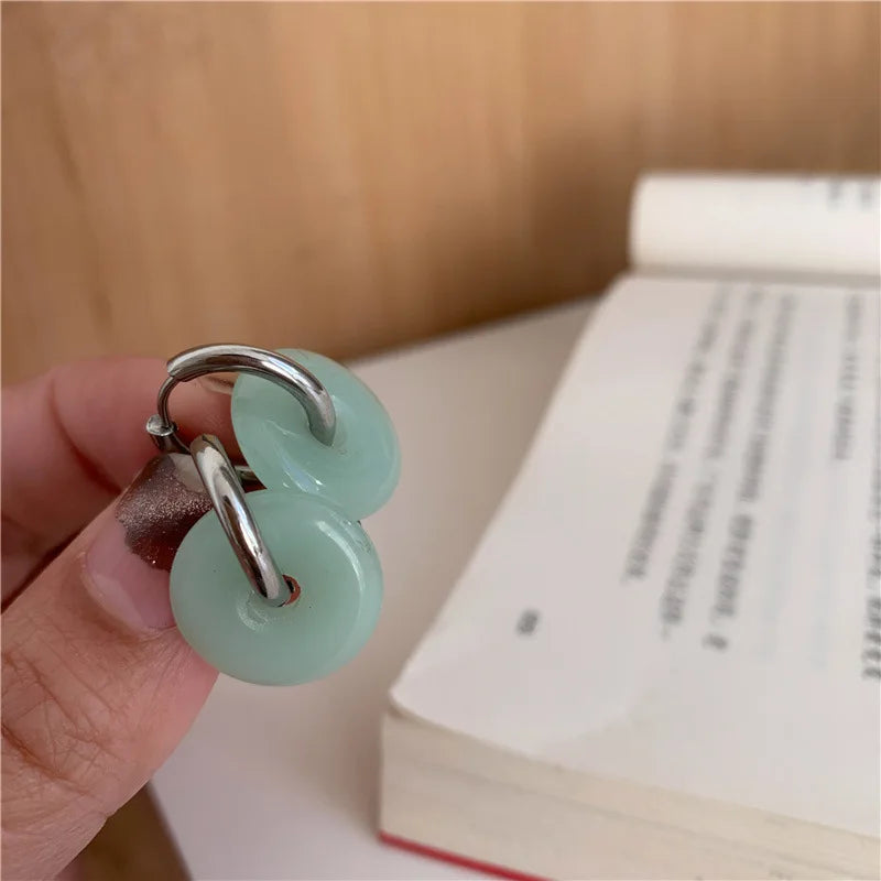 VENTFILLE Unique Green Jade Round Stainless Steel Hoop Earrings For Women Vintage Elegant Earclip Earrings Statement Jewelry
