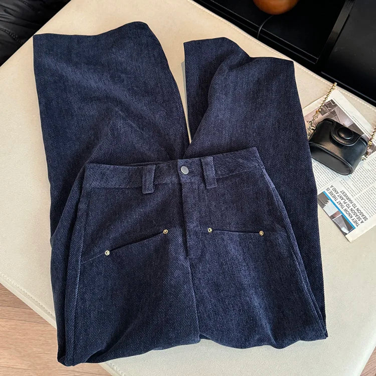 Deep blue wide leg casual pants women's autumn and winter 2025 new loose thick fashion versatile striped straight leg pants