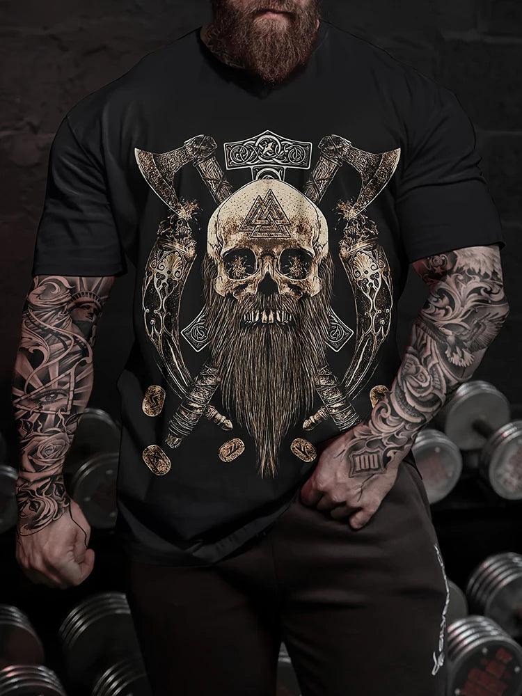 Viking-style Nordic Mythology Print Men's T-shirt Outdoor Street Sport Fitness Short-sleeved Shirt Daily Casual Fashionable Top