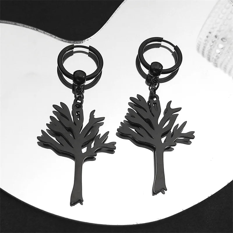 Stainless Steel Music Band Hip Hop Tree of Life Hoop Earrings for Women Silver Color Gothic Punk Earring Jewelry Gift E3404S06