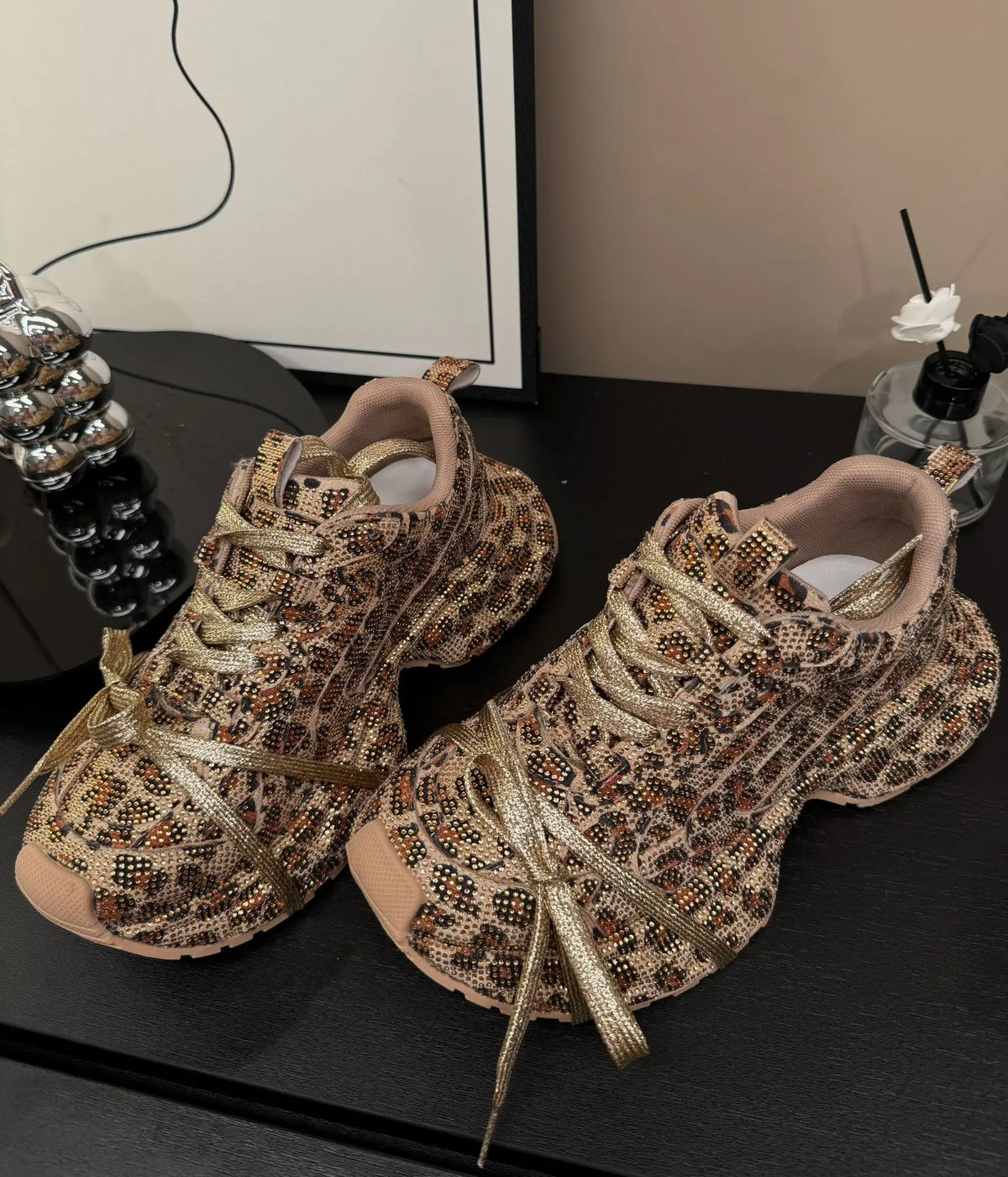 PENDRA Leopard Gold Diamond Shoes