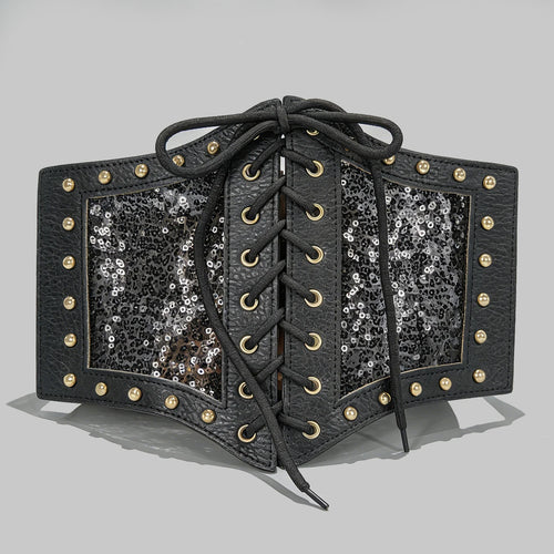 Gothic Glitter Plus Size Stretch Lace Cummerbunds Plus Size Elastic Wide Corset Belt Leather Dress Coat Waistband For Women