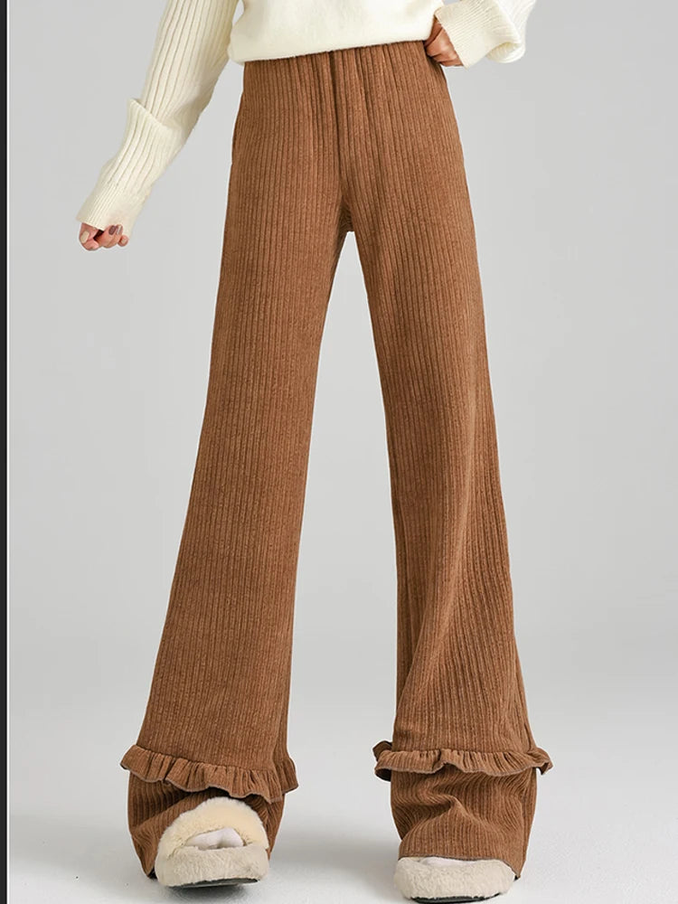 Solid corduroy micro flared pants women's winter wide leg casual high waisted narrow version straight leg sweatpants