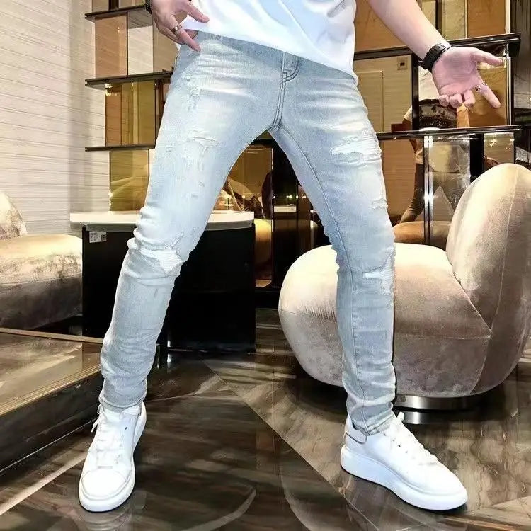 PENDRA Heavy Industry Holes Versatile Slim Distressed Ripped Denim Pants
