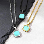 Natural Stone Square Pendant Necklace for Men Boys,Stainless Steel Turquoise Pendant,Jewelry Gift for Husband Dad Son BBF
