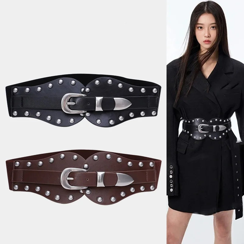 Retro Ladies Pu Leather Corset Belt Gothic Style Elastic Rivet Cummerbund Tie Rope Punk Accessory for Women Shirt Dress Belt