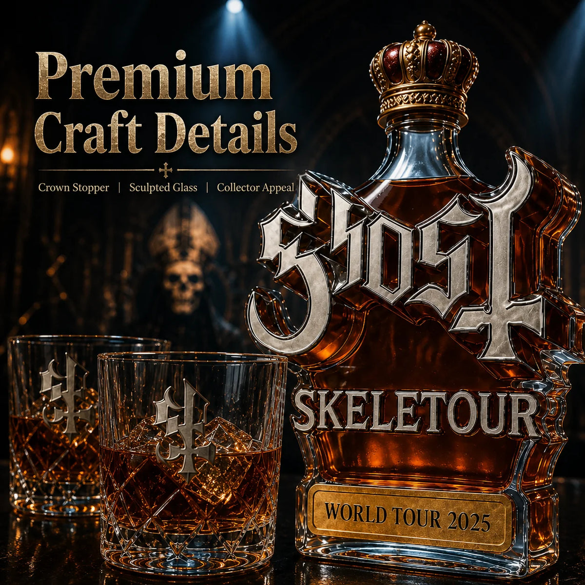 Ghost Skeletour World Tour Whiskey Decanter Gift Set, Glass Liquor Bottle with Tumbler Cups, Fan Collection Decor