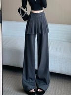 Suit wide leg pants skirt women's autumn design sense fake two piece pleated skirts high waisted loose floor length pants