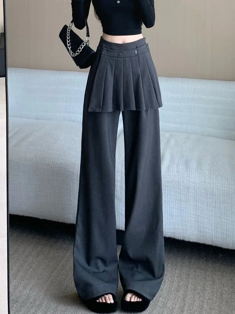 Suit wide leg pants skirt women's autumn design sense fake two piece pleated skirts high waisted loose floor length pants