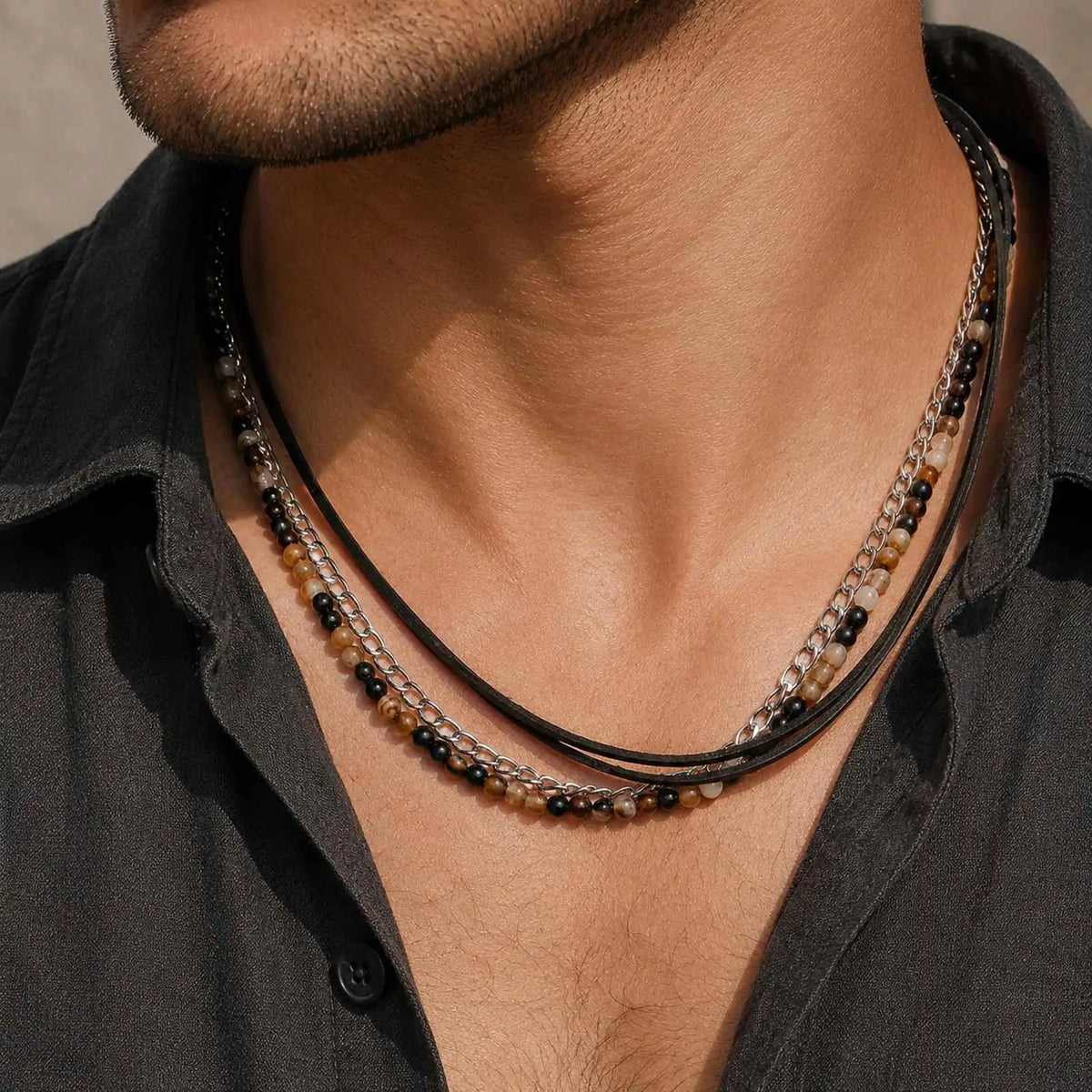 Rock Punk Layering Necklace for Men,Casual Vintage Beads Leather Collars,Birthday Party Jewelry Gift