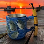 Funny Fishing Rod Handle Coffee Mug 3D Fishing Embossed Stainless Steel Cup for Men Collect Decor Family Ornament Collection
