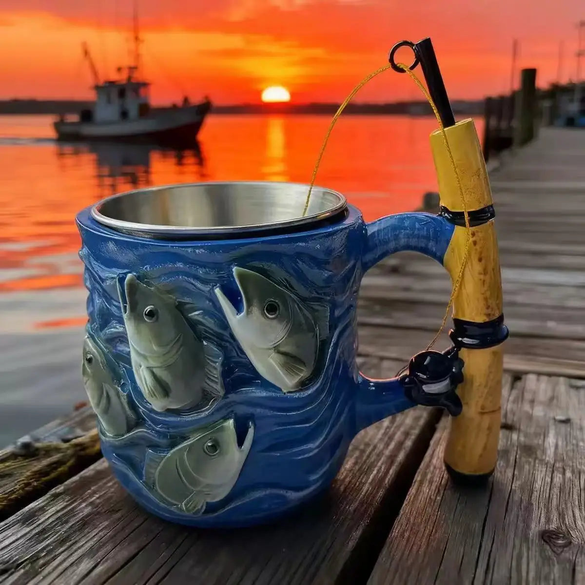 Funny Fishing Rod Handle Coffee Mug 3D Fishing Embossed Stainless Steel Cup for Men Collect Decor Family Ornament Collection