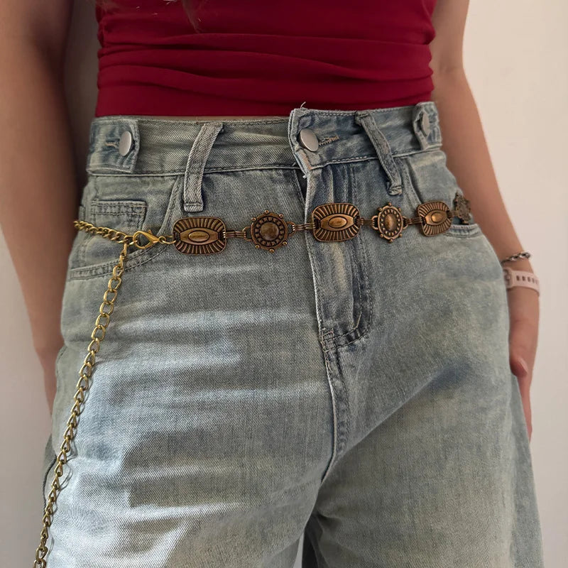 Western Cowboy Punk Women's Waist Chain Vintage Style High Quality Luxury Designer Golden Metal Belt Female Fashion Body Jewelry