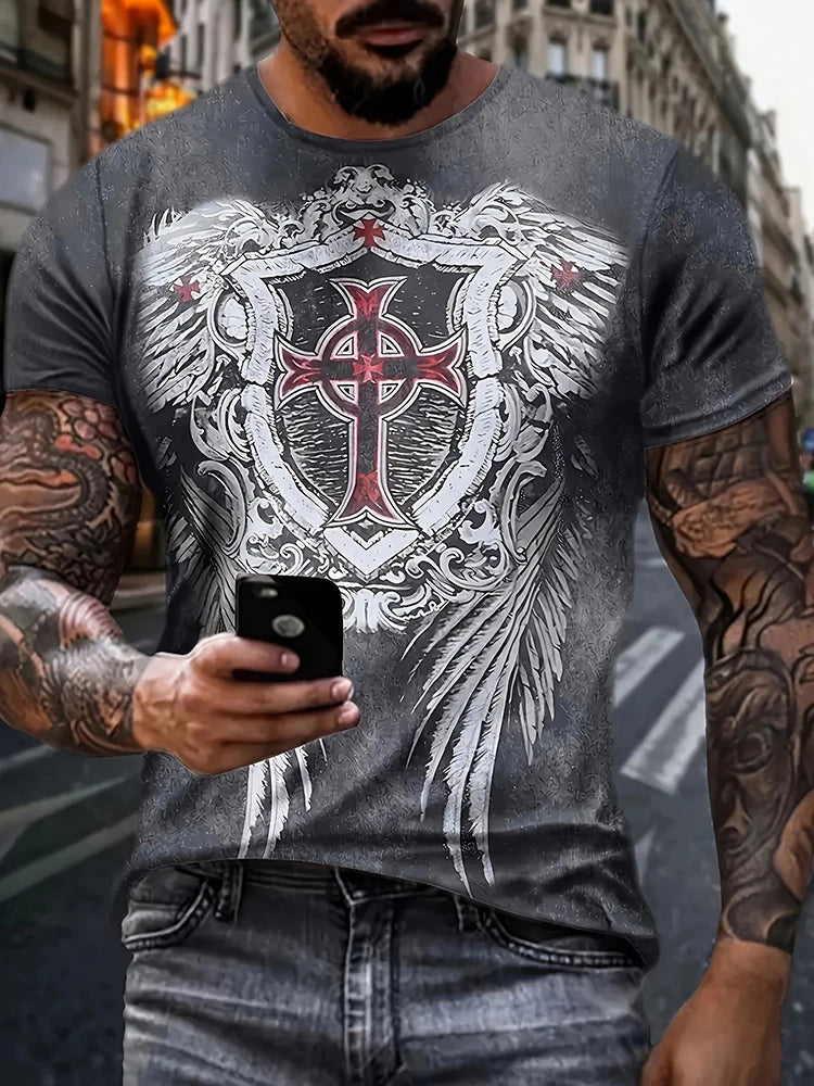Viking-style Nordic Mythology Print Men's T-shirt Outdoor Street Sport Fitness Short-sleeved Shirt Daily Casual Fashionable Top