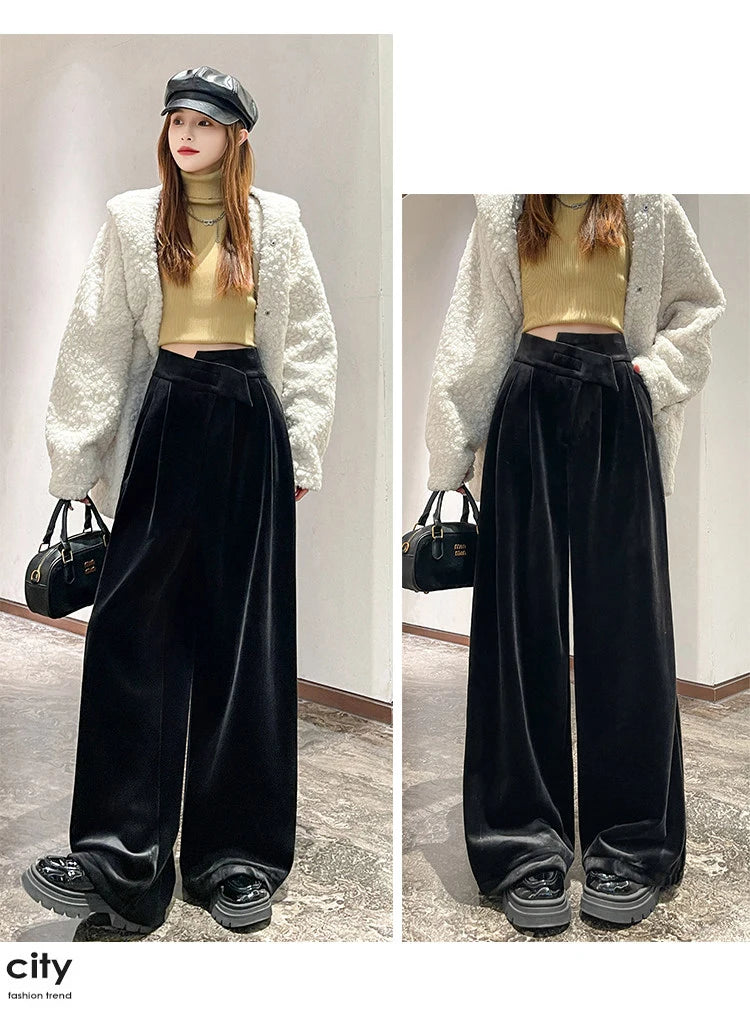 Black Gold Velvet Wide Leg Pants Women Winter Velvet High Waist Drop Feel Straight Tube Versatile Casual Floor Pants