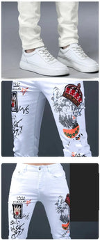 Spring Summer White Hot Drill Ripped Cowboy Korean Style Streetwear Men Washed Luxury Holes Slim Hip-hop Stylish Jeans Trousers