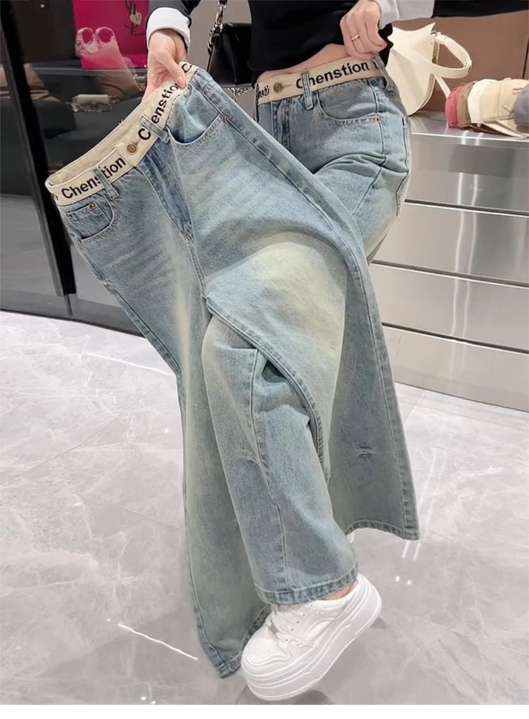 Y2K 2000s Wide Leg Baggy Denim Trouser Women's Washed Vintage Casual Pants Female High Street Retro High Waist Trashy Jeans