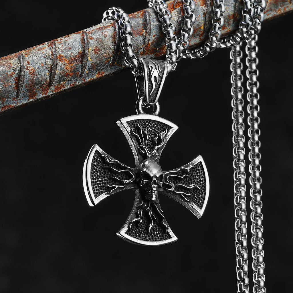PENDRA Flame Skull Cross Steel Necklace