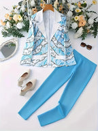 Elegant and Fashionable Two-Piece Set, Butterfly-Print Lapel, Solid Color Long-Sleeved Suit Jacket, Slim High-Waisted Pants.