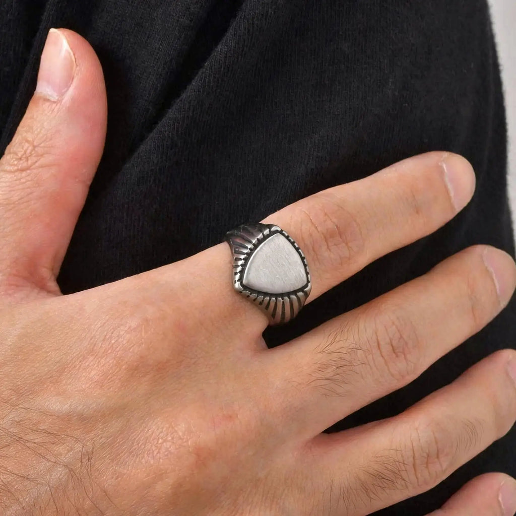 Vintage Shield Signet Ring for Men Boys,Retro Grey Stainless Steel Ring,Punk Statement Ring Gift for Father Son Husband BBF