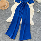 Fashionable casual lapel collar short sleeved cinched waist jumpsuit women's summer new solid color wide leg long pants