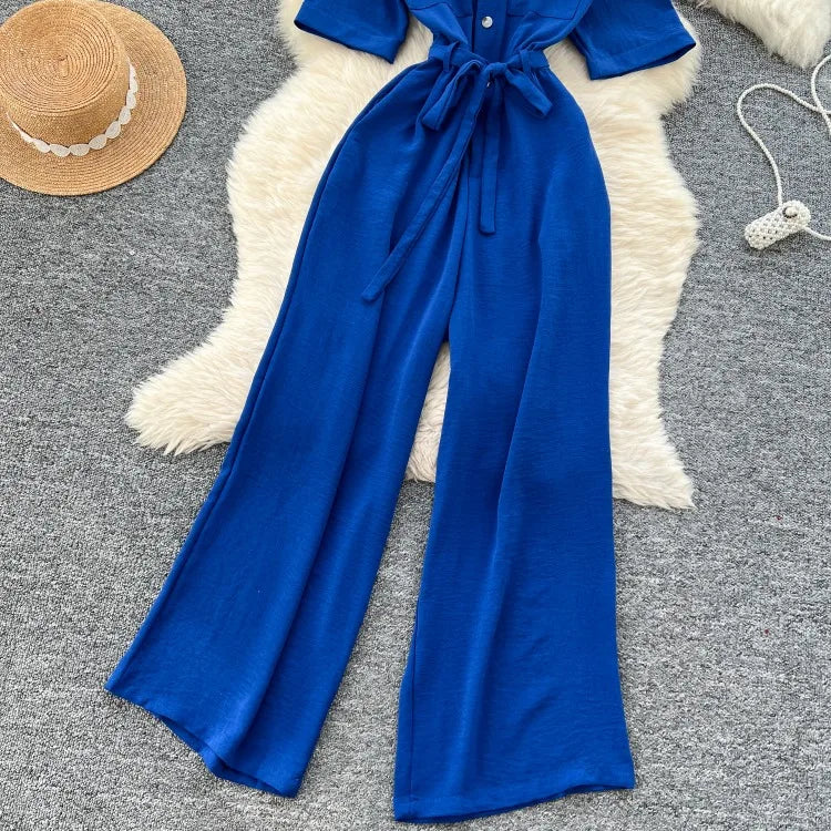 Fashionable casual lapel collar short sleeved cinched waist jumpsuit women's summer new solid color wide leg long pants