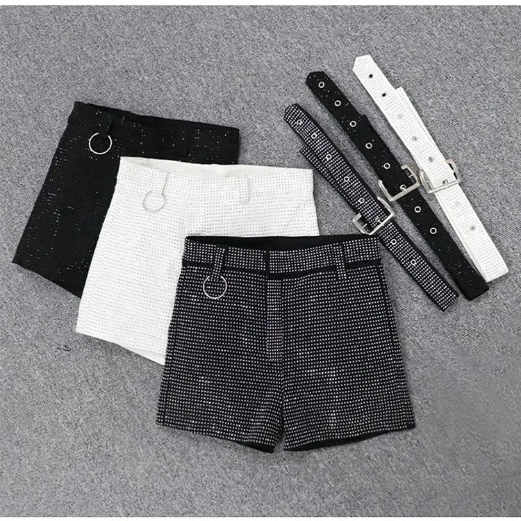 Rhinestone Shorts Women Wide Leg Shorts High Waist Sexy New Fashion Elastic Waist Diamond Casual Hot Pants Female belt