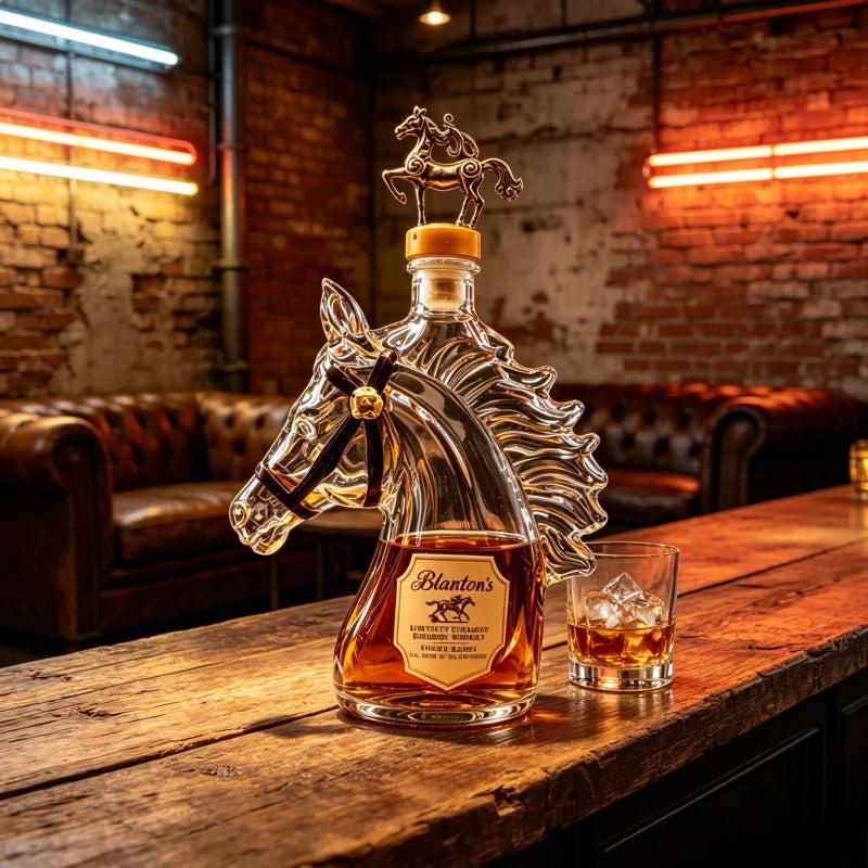Blanton's Horse Head Shaped Crystal Whiskey Decanter, Bronze Horse Rider Stopper Liquor Bottle, Kentucky Bourbon Spirits Storage
