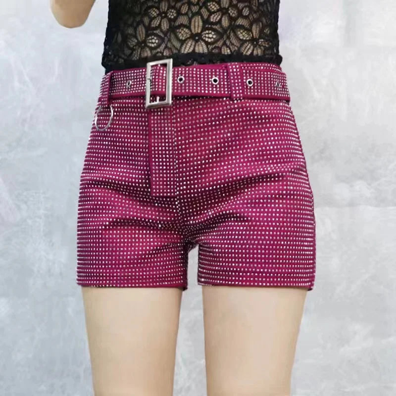 Rhinestone Shorts Women Wide Leg Shorts High Waist Sexy New Fashion Elastic Waist Diamond Casual Hot Pants Female belt