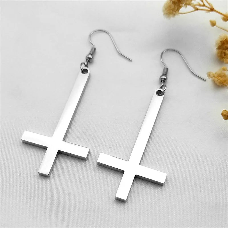 Stainless Steel Gothic Upside Down Cross Drop Earrings Punk Inverted Cross Earring Goth Jewelry Pendientes Mujer E8374S06