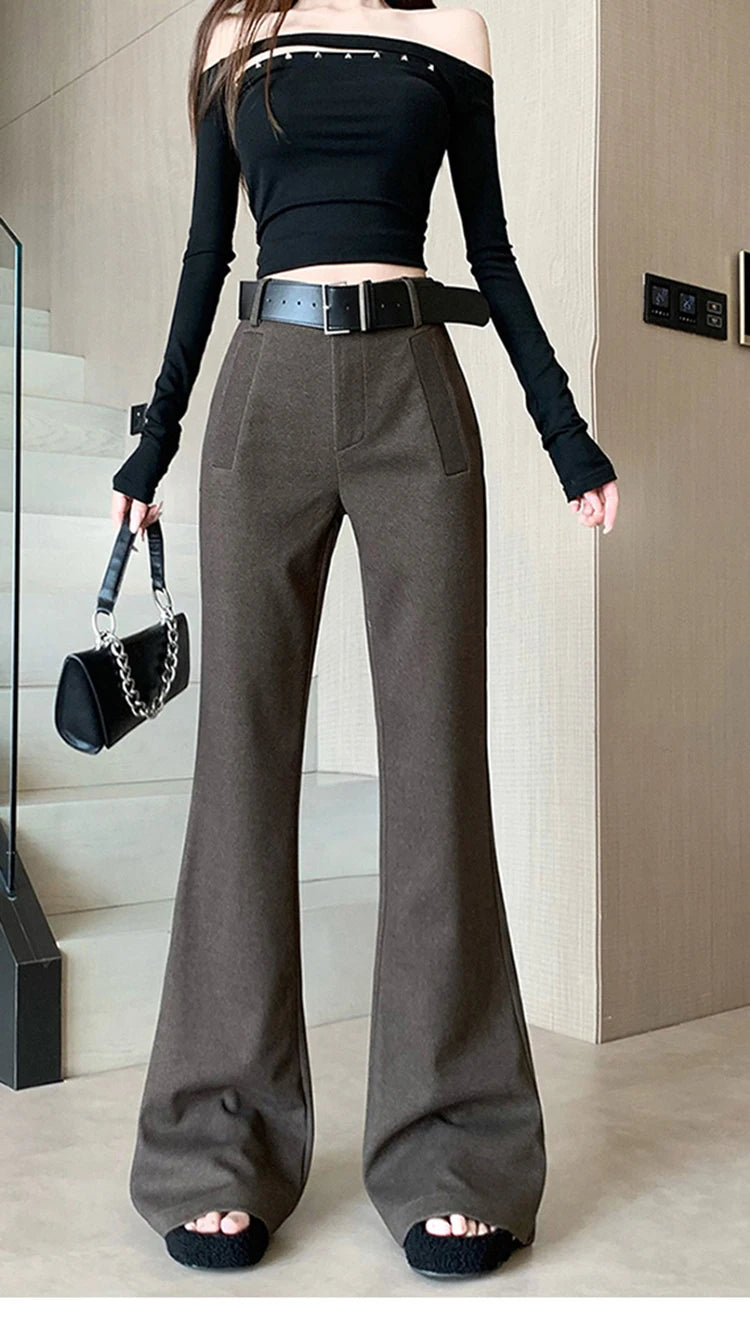 Retro solid color pants women autumn and winter high waisted casual and fashion versatile floor length flared trousers