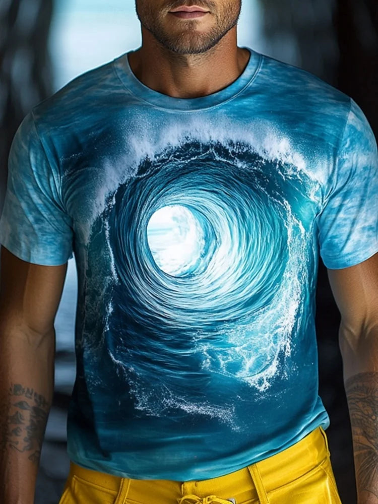 Summer Daily Casual Men's Loose-fitting Top 3D Wave Print Men's T-shirt Outdoor Seaside Men's Fashionable Short-sleeved Shirt