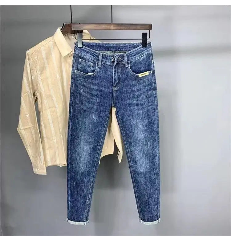 Korean Luxury Clothing Jeans Men's Autumn New High-end Brand Slim-fitting Small Feet Blue Washed Retro Ruffian Handsome Trousers