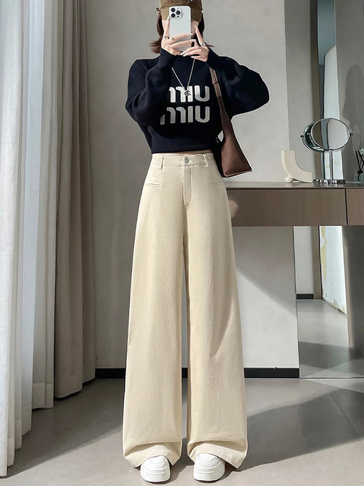 Corduroy suit wide leg pants women in autumn and winter high waist lazy style thick velvet warmth and versatile pants