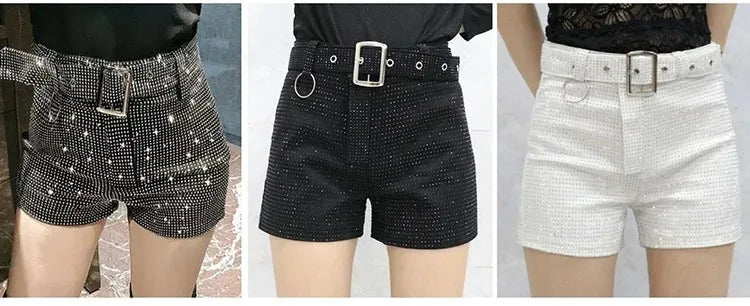 Rhinestone Shorts Women Wide Leg Shorts High Waist Sexy New Fashion Elastic Waist Diamond Casual Hot Pants Female belt