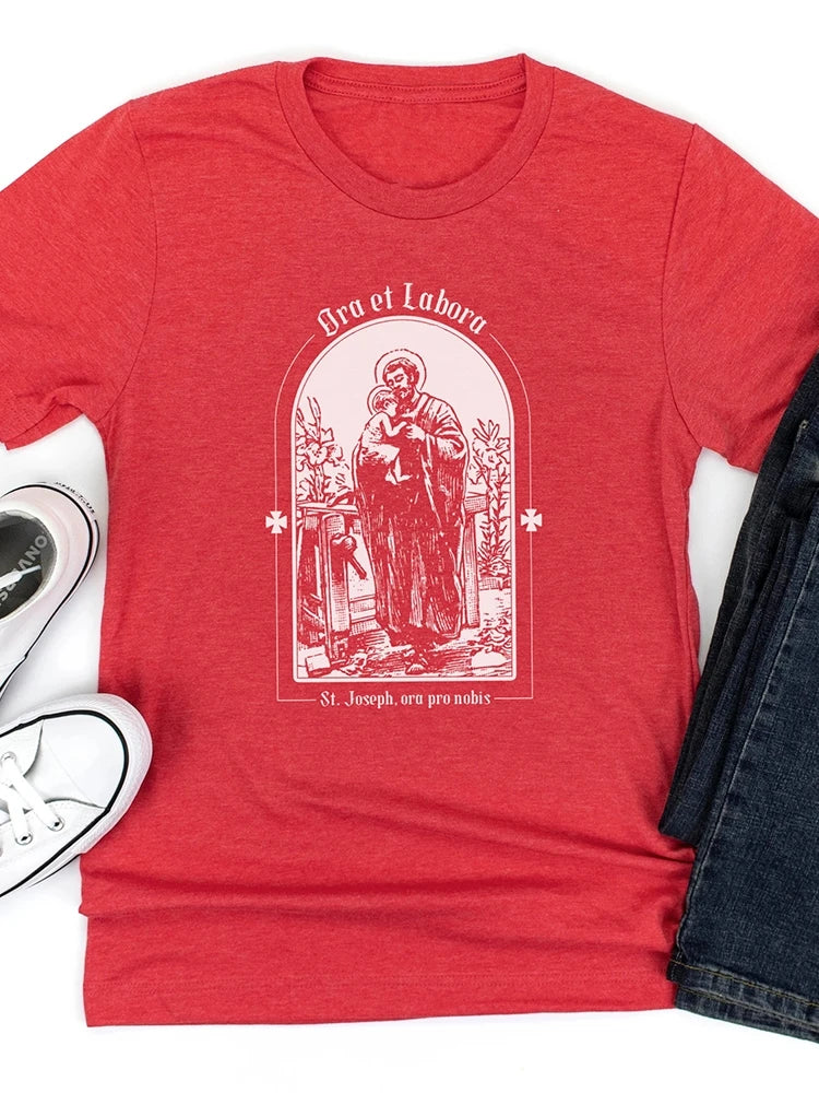 St. Joseph Tee "Ora Et Labora" Latin For "pray And Work" Men's Short Sleeve Tee Catholic T Shirts For Men Men's Casual T-shirt