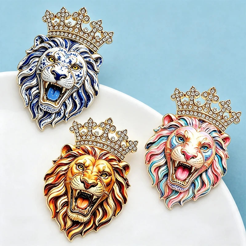 PENDRA Crown Lion Rhinestone Brooch