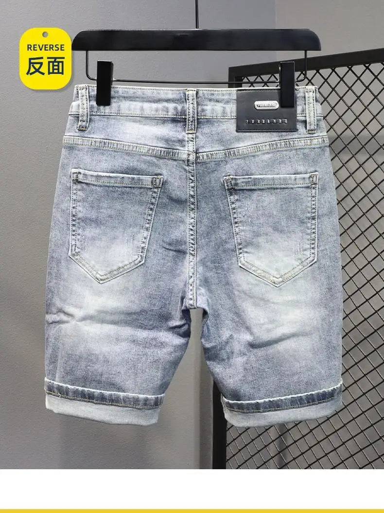 New Kpop Summer Casual Knee Length Men's Jeans Shorts Fashion Embroidered Rabbit Printed Hot Drilled Slim Thin Short Trousers