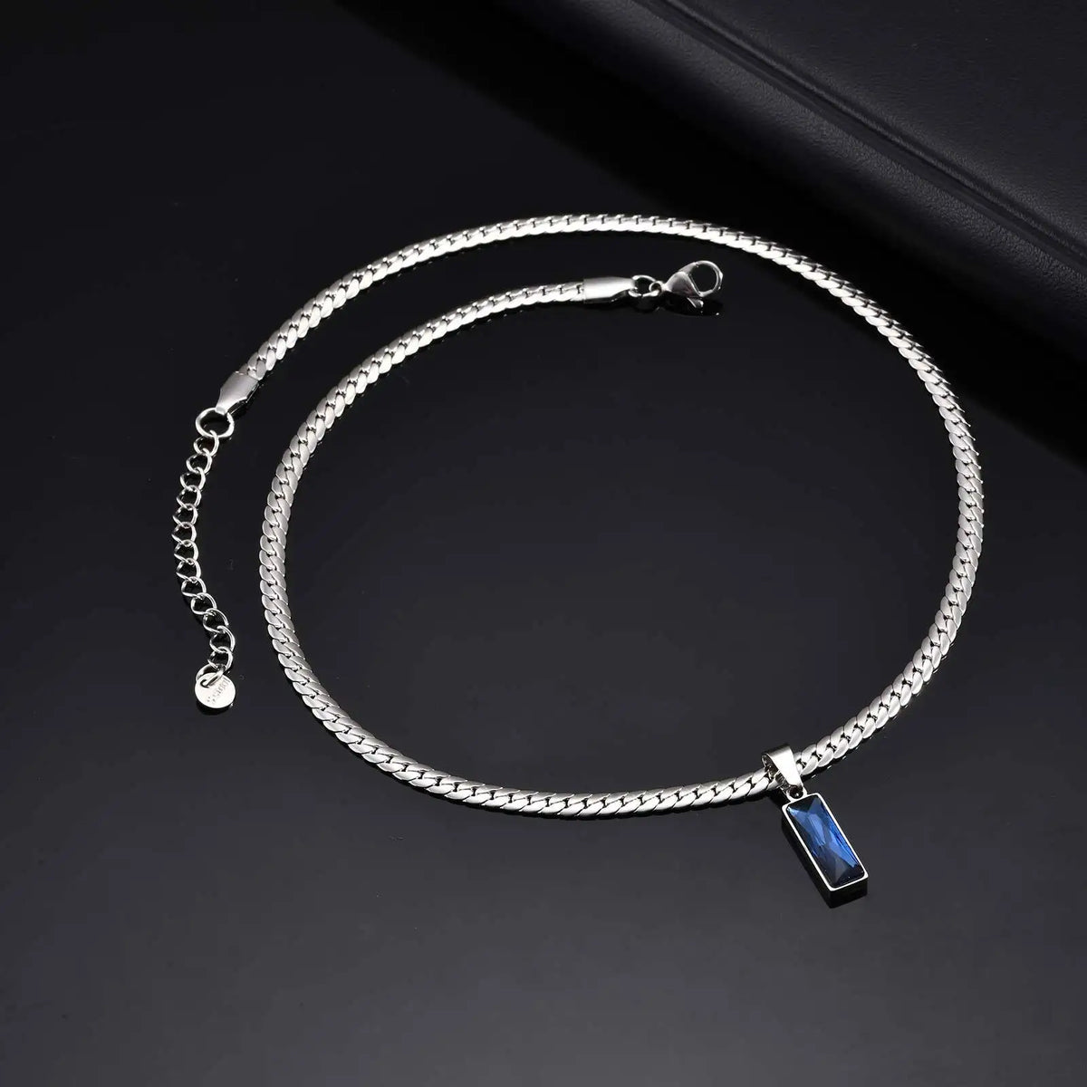 Sea Blue Geometric Pendant Necklace for Men Boys,Stainless Steel Blade Flat Cuban Chain Collars,Hip Hop Cool Jewelry Gift