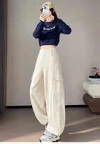 Corduroy cargo wide leg pants women in winter 2025 new high waisted loose fit slimming and ankle tied casual pants