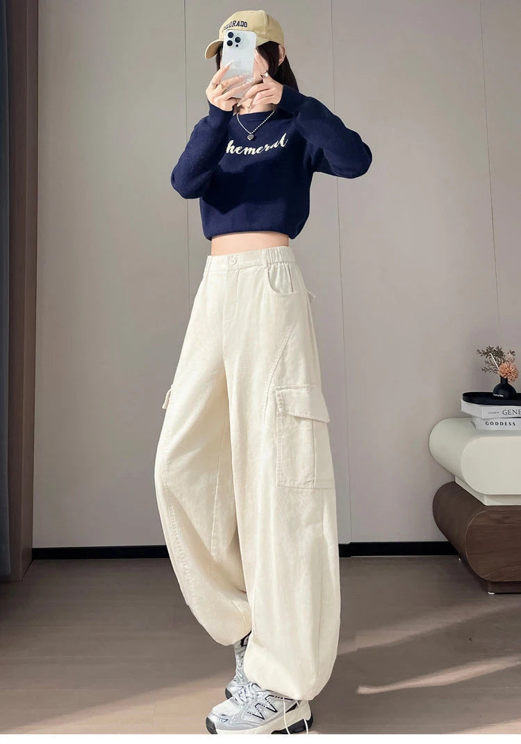 Corduroy cargo wide leg pants women in winter 2025 new high waisted loose fit slimming and ankle tied casual pants